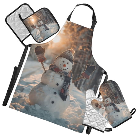 Snowman in Winter 5 Pcs Kitchen Set Heat Resistant Oven Mitts and Non-Slip Pot Holders with Adjustable Cooking Apron