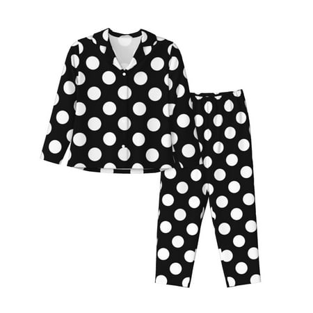 2 Piece Womens Pajama Sets - black white polka dots Soft Sleepwear Comfy Pajamas Ladies Pj Lounge Sets with Pockets  Long Sleeve Button Shirt and Pajama Pants Pjs Sets for Women