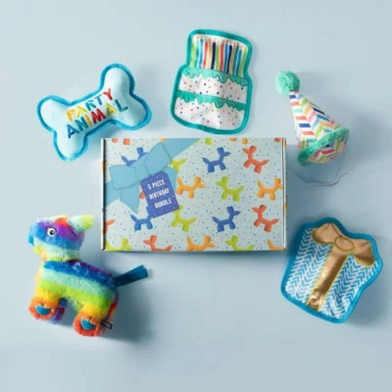 Party Animal Birthday Box Dog Toy Bundle, 5-Piece Set Blue