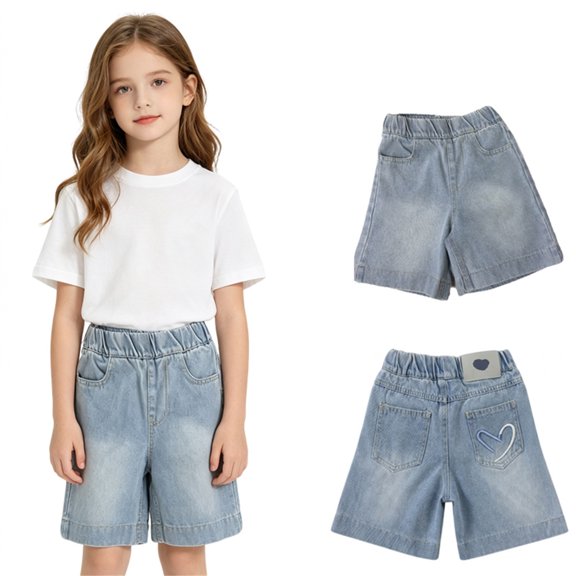 Girls Heart Embroidery Wide Leg Denim Bermuda Shorts Elastic Waist Light Wash Summer Casual Kids Jean Shorts(Blue,2-3 Years)