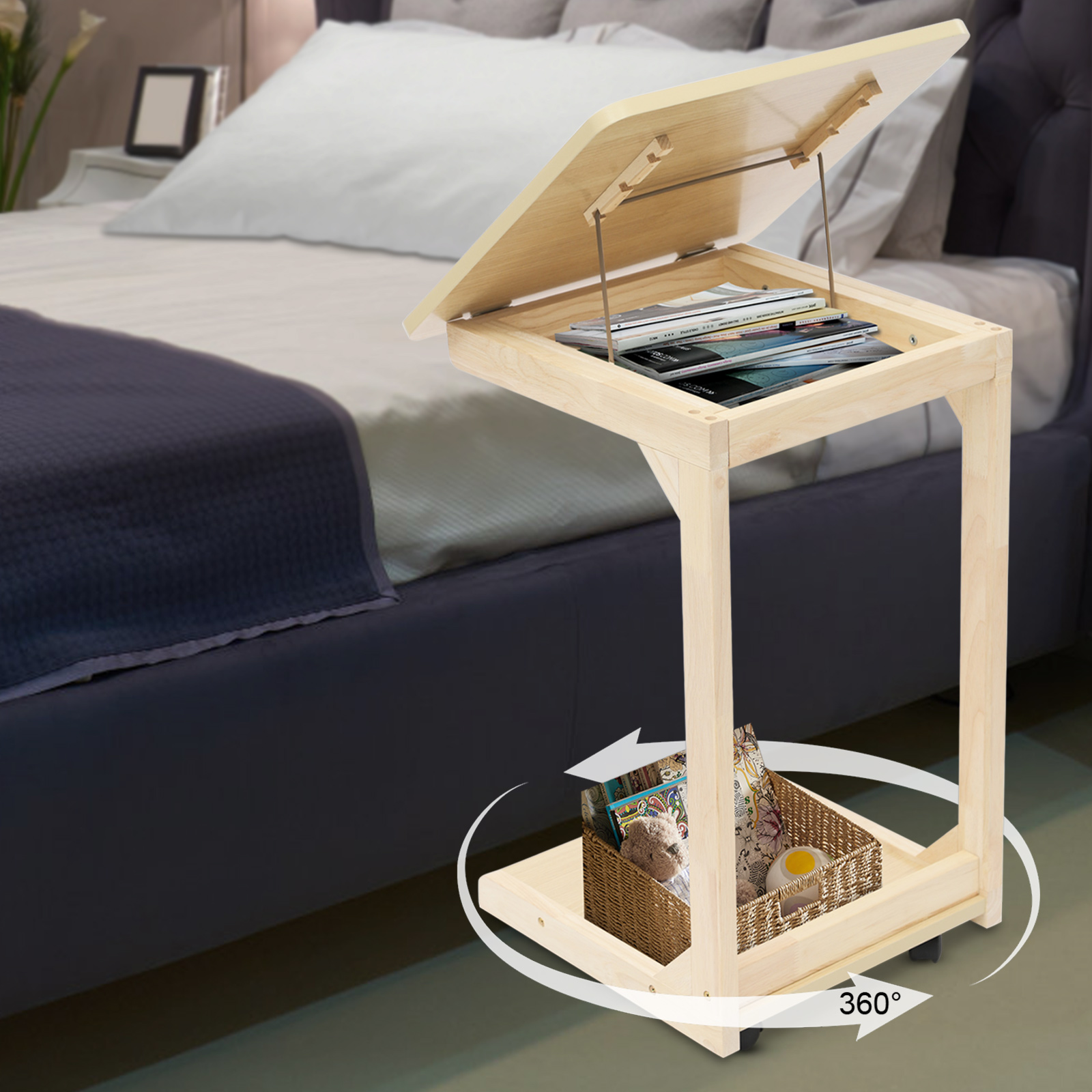 Heavy-Duty C Table with Wheels, 25kg Load Capacity 4-Wheel Bedside Laptop Stand