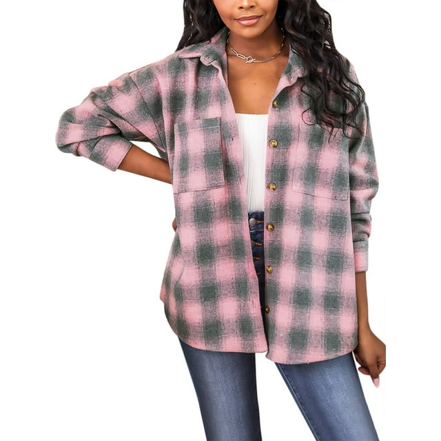 Txlixc Blusa de mujer, chaqueta de camisa de botón de manga larga con solapa a cuadros, traje de otoño de mujer Txlixc moda