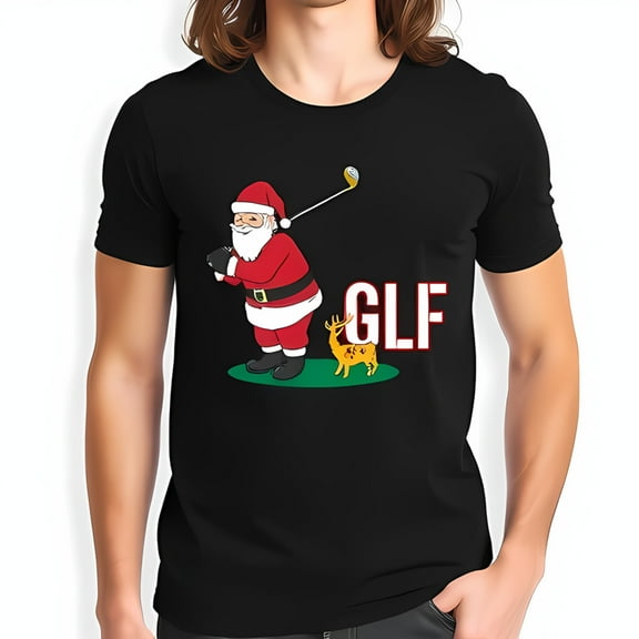 Funny Santa Claus Golfing Cotton Short Sleeve T-Shirt with Reindeer & GLF Graphic - Holiday Sports Tee