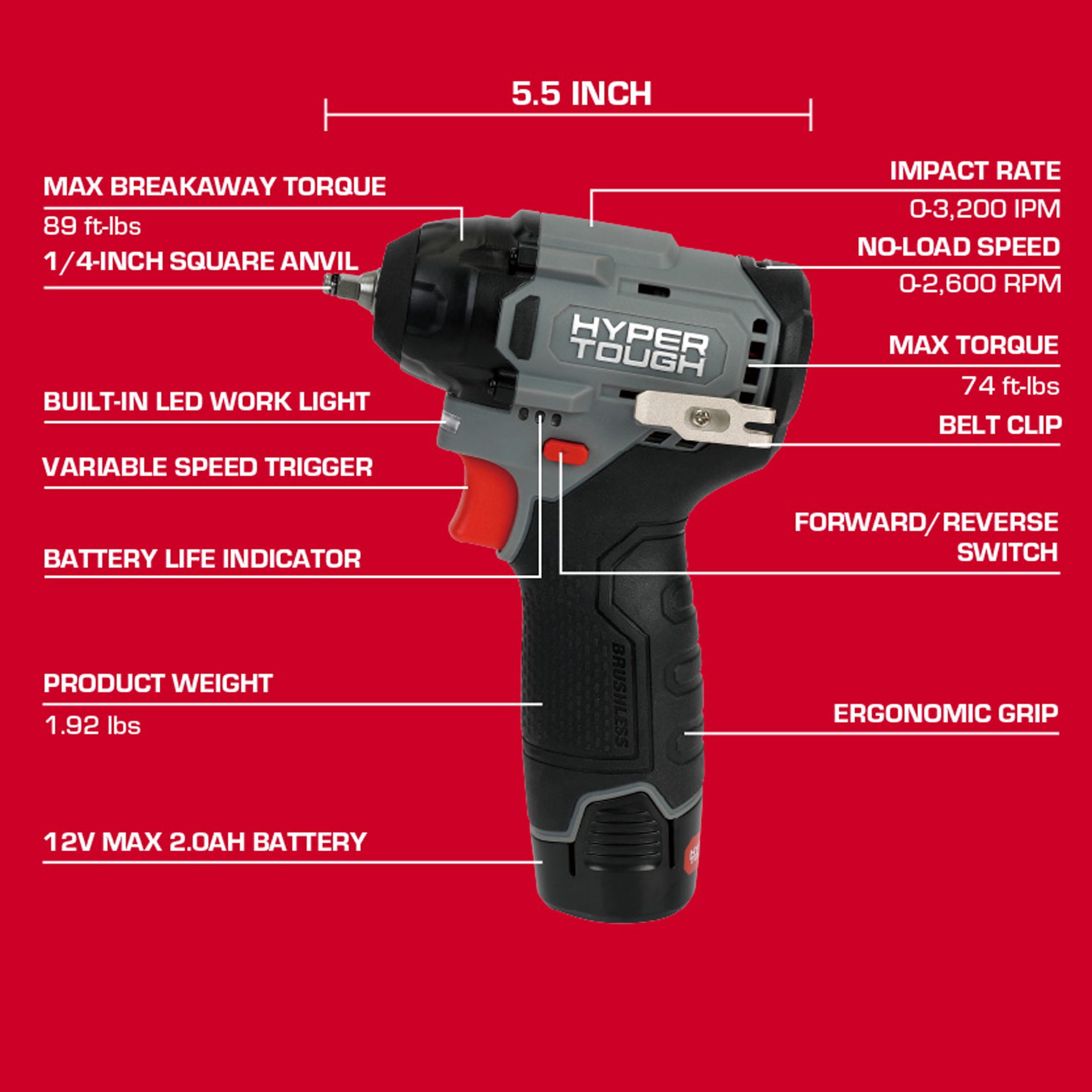 Hyper Tough 12V Brushless 1/4-inch Impact Wrench with 2.0Ah Battery