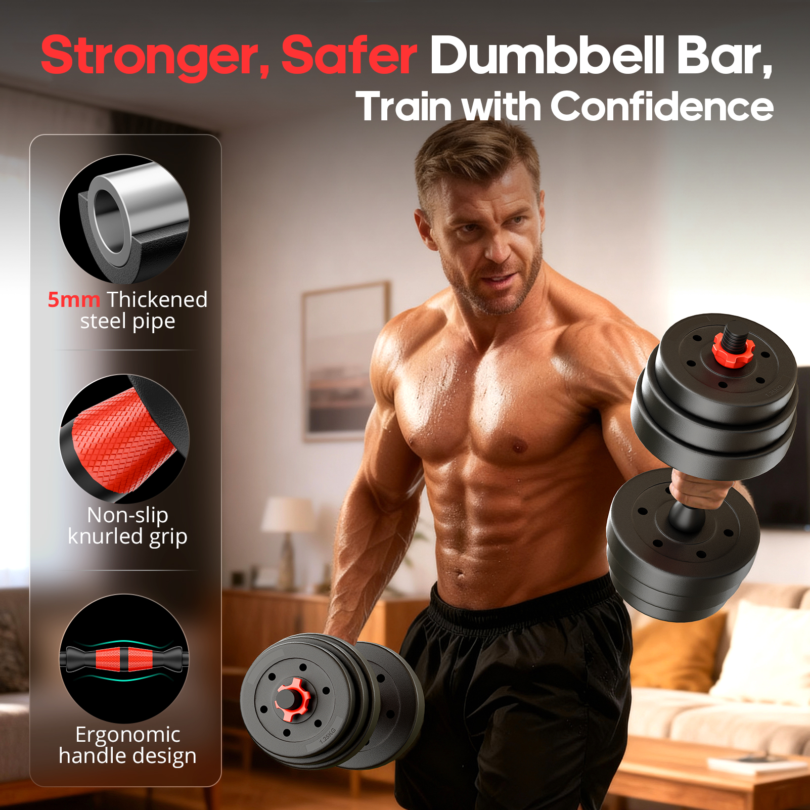 Vebreda 45LB Adjustable Dumbbell Set 4-in-1, Converts to Barbell, Kettlebell & Push-Up Stand, Home Gym Fitness Equipment for Full Body Strength Training
