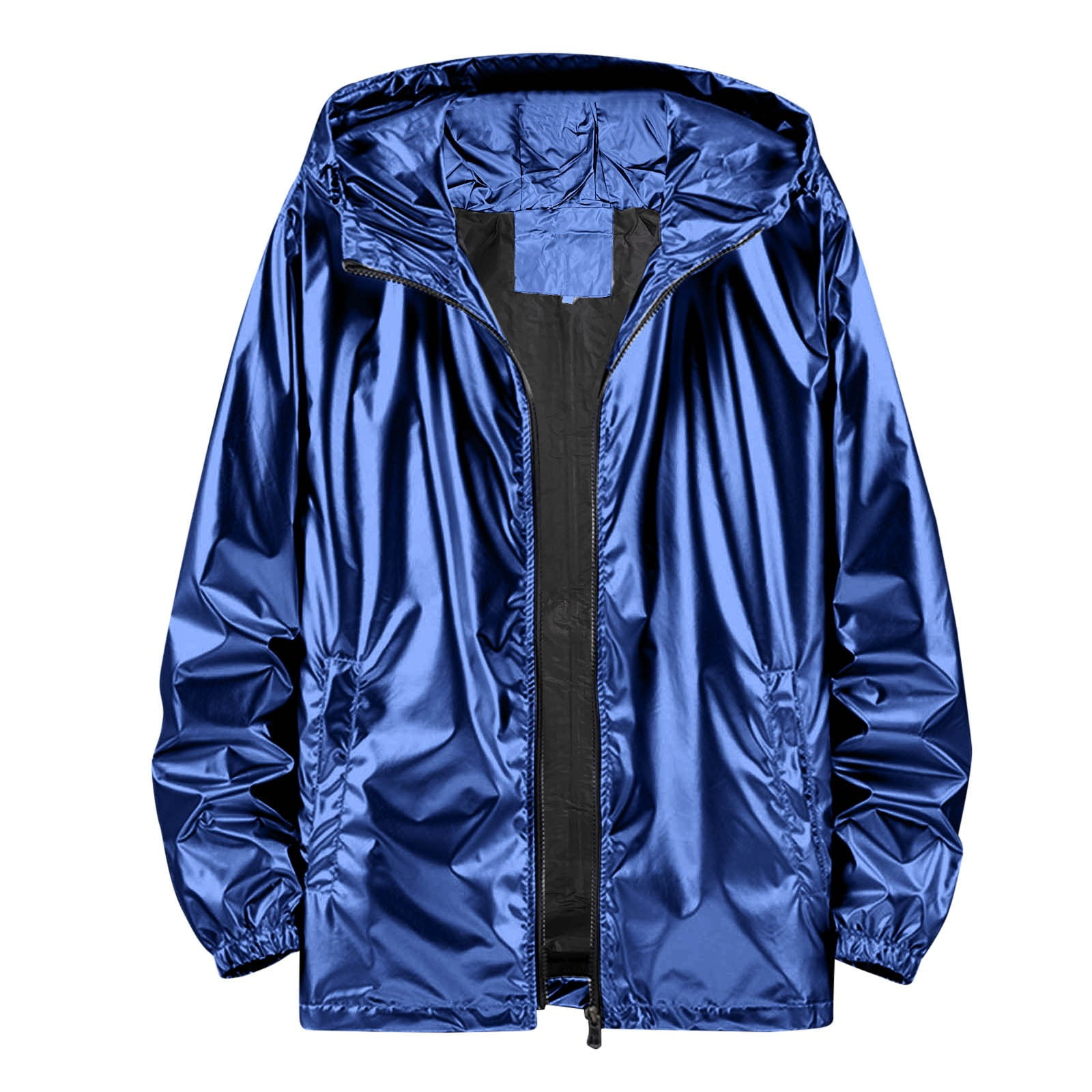 Holographic Jacket for Men Lightweight Long Sleeve Metallic Shiny Zip Up Hoodie Coat Outerwear with Pockets