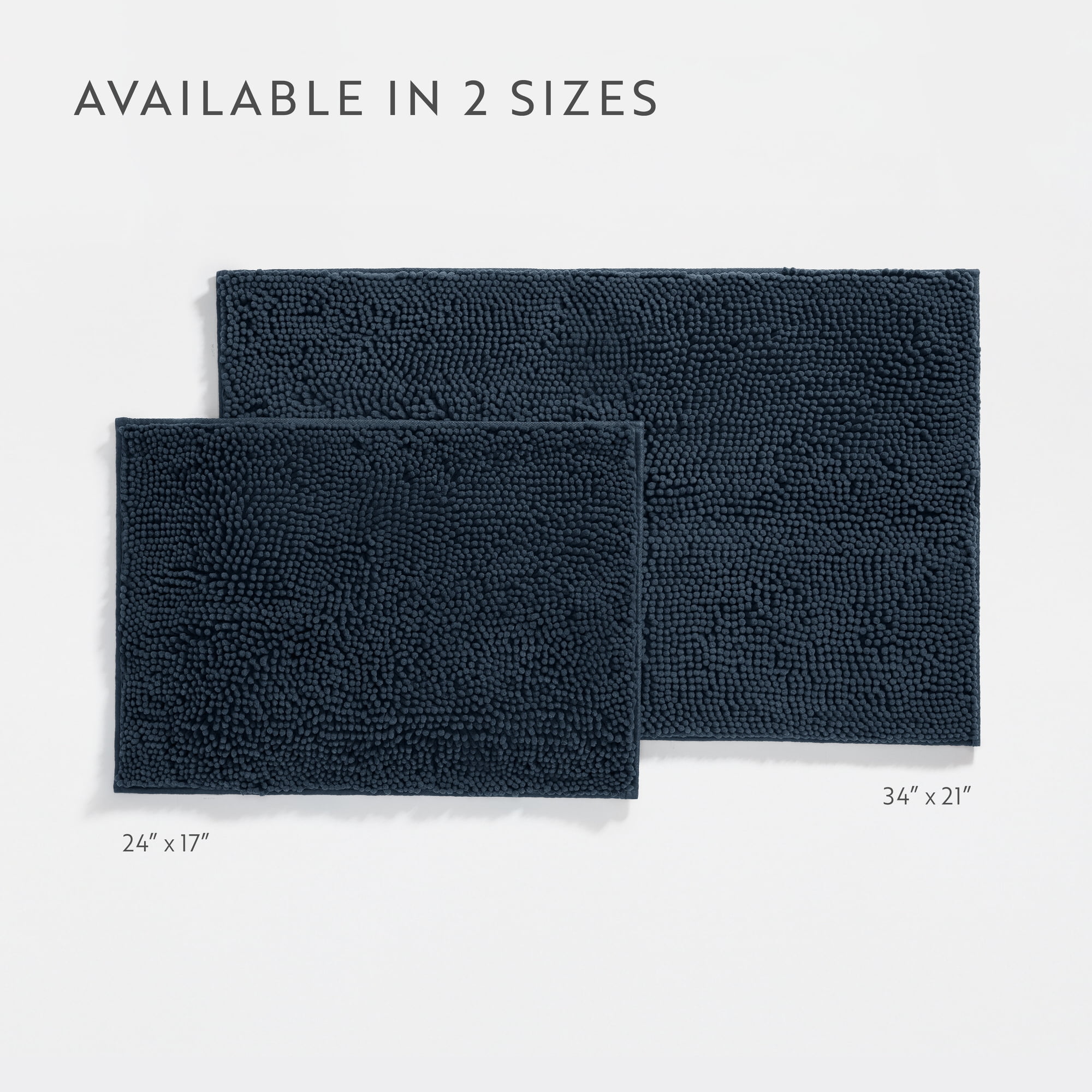 Soft Absorbent Chenille Bath Mat Rug with Anti-Skid Rubber Backing, 2 Pack, Navy, by Noble Linens