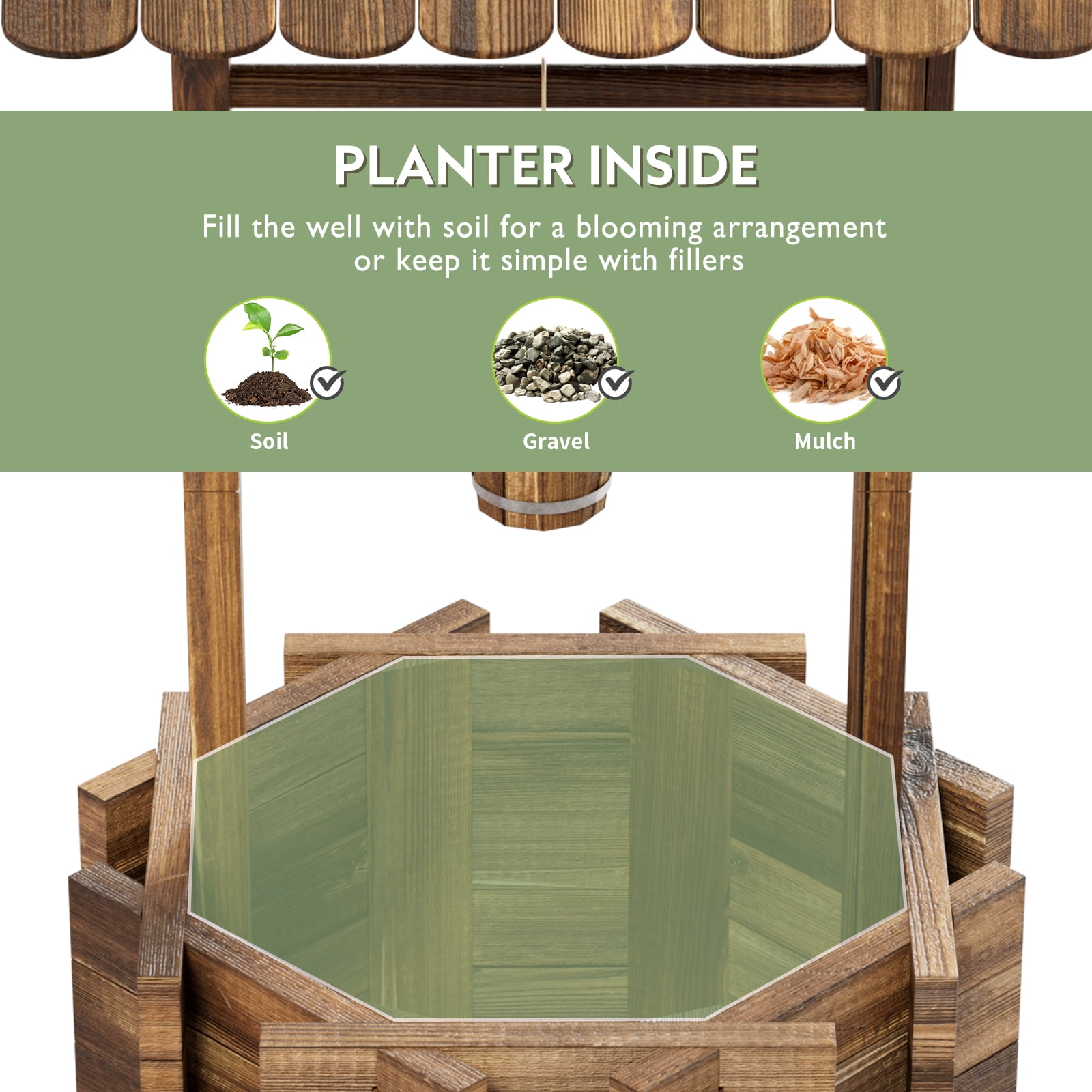 BaPiPro 25" Big Wishing Well Planter, Wooden Garden Flower Planter with Hanging Bucket, Patio Garden Backyard Home Decor, Rustic Brown