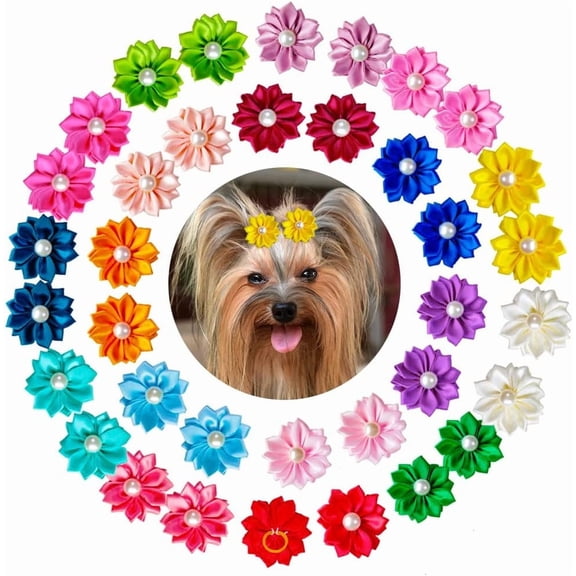 80pcs Dog Flower Bows, Bulk Pet Small Dog Hair Bows with Rubber Bands, Mix Handmade Tiny Dog Hair Grooming Bows, Pearls Flowers Topknot Dog Bows for Puppy Yorkie Dog Hair Accessories