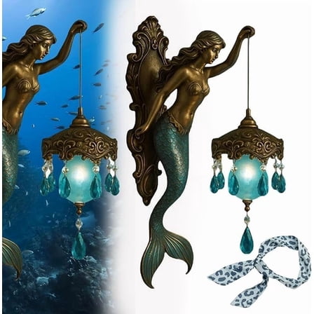 Mermaid Wall Lamp, Vintage Coastal Style Night Light with Frosted Crystal, Mermaid Lamp Battery Operated Wall Sconce for Bedroom, Bathroom, Living Room & Hotel, Ocean-Themed Decorative Lights (8in)