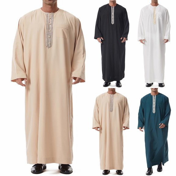 Muslim Thobe for Men Frog Buckle Mens Caftans Big and Tall Mens Soft Arab Thobe with Pocket and Embroidery Size 3XL White