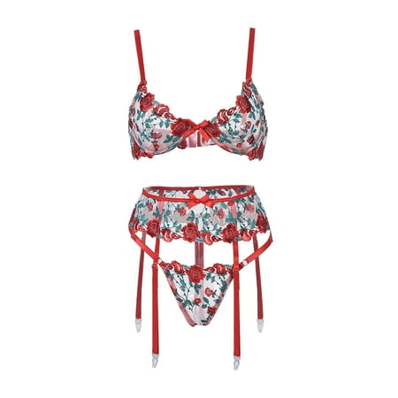 

QYZEU Lenceria Para Mujer Para Sexo Lingerie Lace Delicate Rose Embroidery Feather Lace Garter Lingerie Set with Removable Choker Strappy Bra And Panty Set Chain Interweaving Threepiece Set