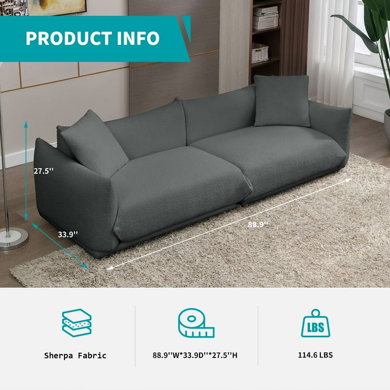 Sofa 87'' Lambswool 3 Seat Cushion Couch for Living Room,Mid Century Comfy  Modular Sofa with Throw Pillows