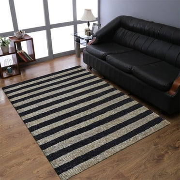 HAND KNOTTED SUMAK JUTE ECO-FRIENDLY AREA RUGS - 6'x9', Rectangle Shape, Beige Black Color, Contemporary Pattern, High Pile, Natural Fiber, Outdoor Indoor Handmade Area Rugs for Living Room (J00083)