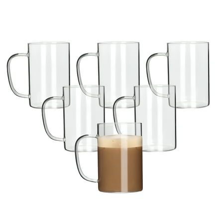 ACDANC Coffee Mug Set of 6,Clear Glass Cups 15oz (450ml) for Juice Milk Tea Coffee