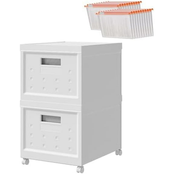 Collapsible Stackable Rolling File Boxes with Lids and 10 Hanging Files, Portable Plastic Storage Organizer or File Cabinet with wheels for Home or Office, 2-Pack
