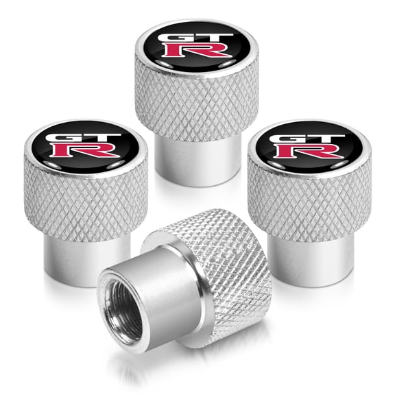 for Nissan GT-R in Black on Shining Silver Aluminum Tire Valve Stem Caps