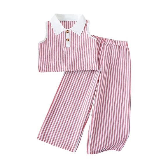 Girls Summer Cute Outfits Striped Vest Top Pants Set Kids Sleeveless Shirt Wide Leg Trousers Casual Clothing 2 Piece Spring Lounge Clothes Pink 9-10 Years