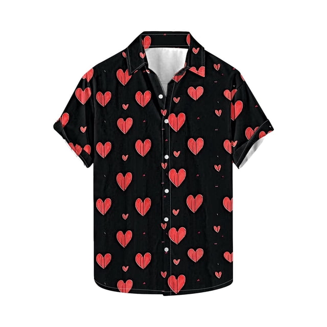 Weiqiqre t Shirts for Man Funny Love Pattern Printed Short Sleeve Quick Dry Button Down Lapel Shirt