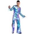 thumbnail image 2 of Lejafay Men's 70s Disco Outfit Lapel V Neck Flare Sleeve with Bottom Pants Jumpsuit Hippie Rompers Blue M, 2 of 7