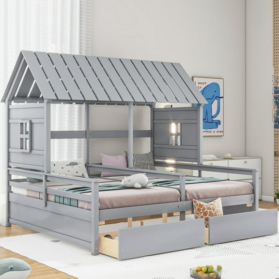 Twin Size House Platform Beds with Two Drawers, Combination of 2 Side by Side Twin Size Beds, Gray
