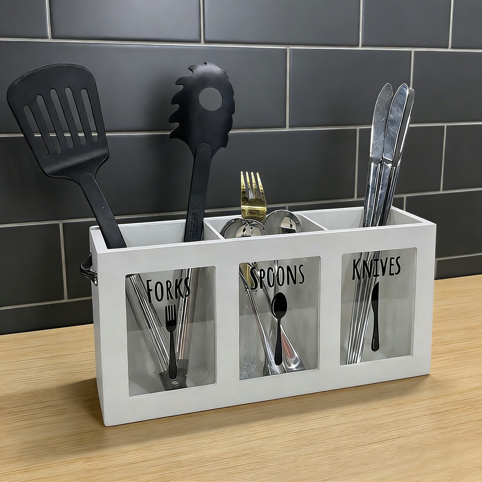 Wood Flatware Organizer, Rustic Utensil & Silverware Holder for Forks, Spoons, Knives, Farmhouse Kitchen Cutlery Caddy Bin Countertop