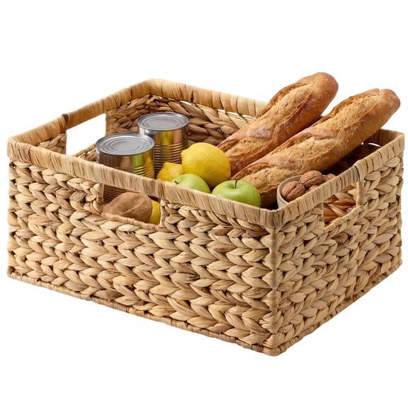 Large Rectangular Wicker Basket, Water Hyacinth Storage Basket with Built-in Handles, 1 Pack