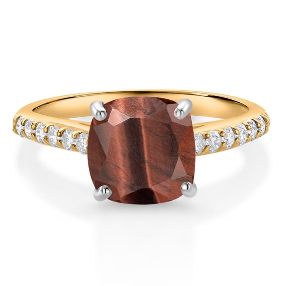 Gem Stone King 10K Yellow Gold 8MM Cushion Cut Red Tiger Eye and White Lab Grown Diamond Engagement Ring for Women (2.18 Cttw, Gemstone, Size 8)