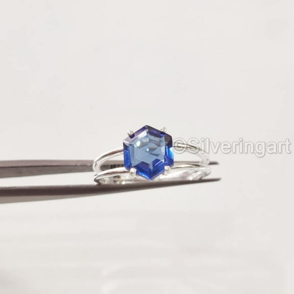 Hexagon Blue Sapphire Ring, 925 Sterling Silver Ring, Women Ring, Hydro Blue Sapphire, September Birthstone, Christmas, Thanksgiving, Tiny Dainty Ring, Handmade, Statement Jewelry, Anniversary