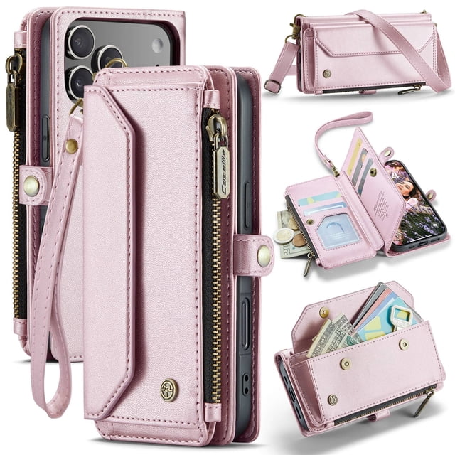 Bandolera para iPhone 17 Pro Funda Billetera【Bloqueo RFID】con Ranura para Billetes con Cremallera y 7 Tarjeteros, Correa Magnética de Cuero PU Suave para Hombro y Muñeca