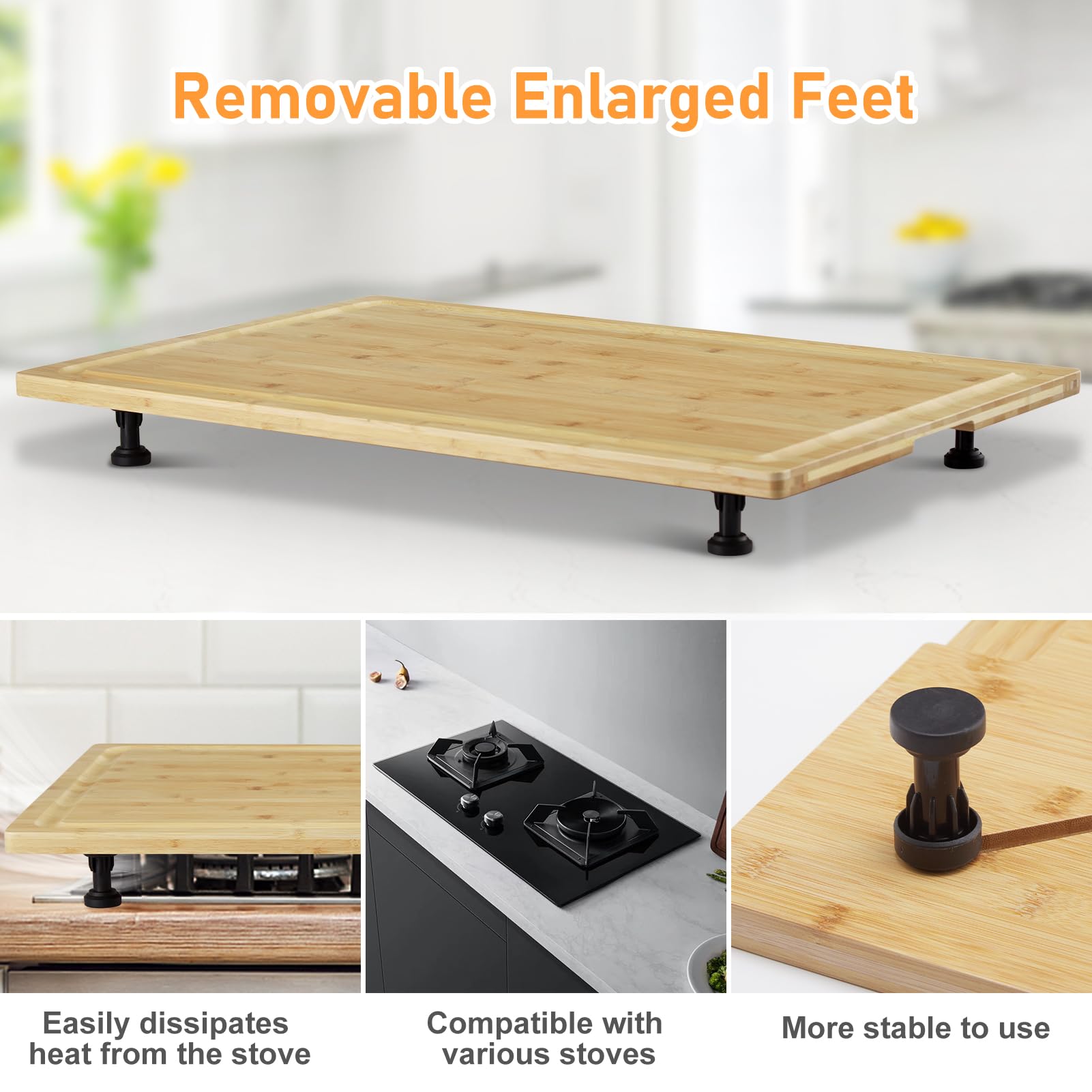 Bamboo Cutting Board Stovetop Cover, 30"x20" Extra Large Noodle Board with 4 Removable Feet, Juice Groove, Wooden Stove Top Covers for Electric Stove