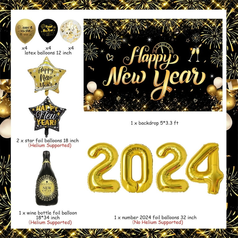 Happy New Year Latex Balloons, NYE Party Decorations (Black, Gold