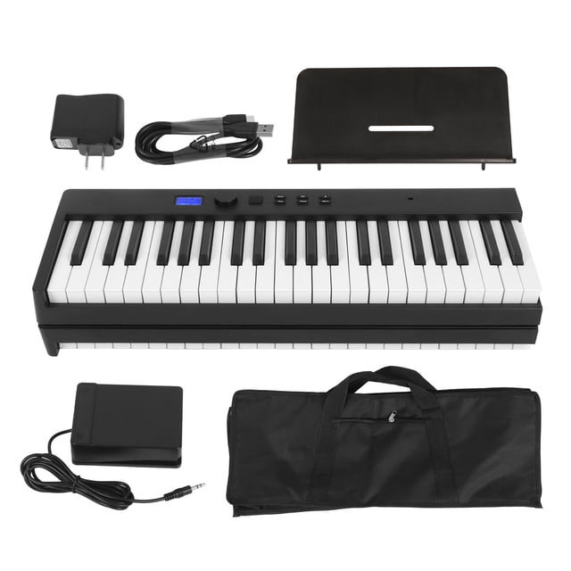 piano digital plegable profesional 88 teclas teclado portátil ligero piano para principiantes de piano 100-240 v negro enchufe de ee. uu. vista frontal centrada del teclado desplegado en negro con 88 teclas blancas y negras, panel superior con pantalla LCD azul y botones de control, pedal de sostenido con cable, adaptador de corriente tipo EE. UU., cable USB, atril para partituras y funda de transporte negra sobre fondo blanco; también adecuado para práctica y conexión USB a software de grabación.