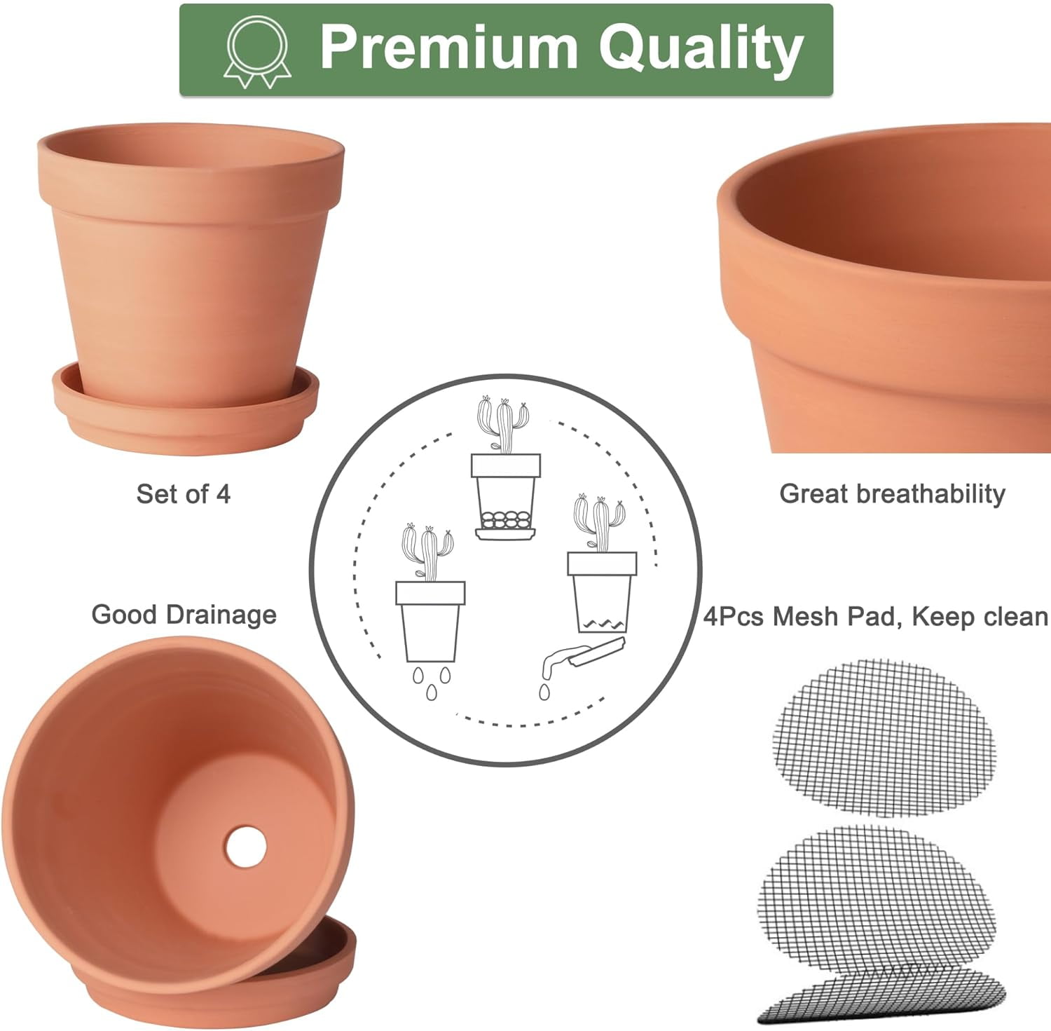 BAODELI Terracotta & Clay Pots for Plants with Saucer, 6 inch Medium Terra Cotta Plant Pots with Drainage Hole, Flowerpot with Tray, Terracotta Pot for Indoor Outdoor Plant - Pack of 4 Planters