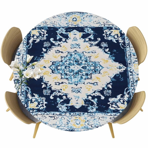 Vintage Ethnic Table Cloth, Round Fitted Tablecloths with Elastic Edge, Boho Tribes Modern Blue Middle Century Wipeable Waterproof Table Cover for Kitchen Wedding 45-54 Inches