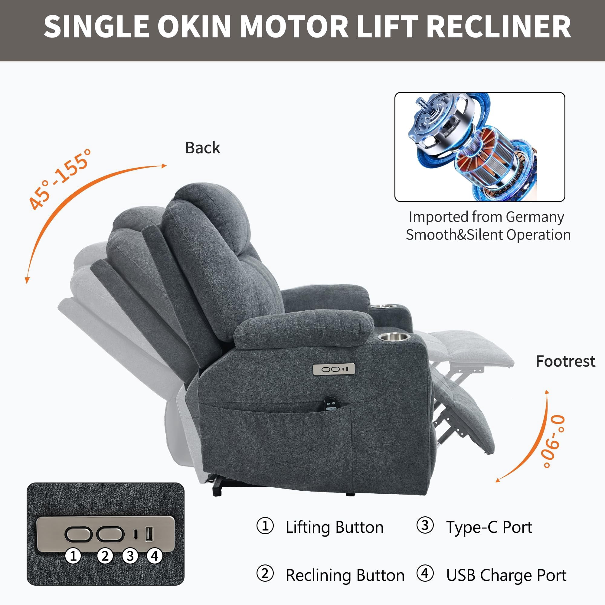 Power Lift Recliner Chair, Electric Lift Recliner for Elderly Reclining Chair with Vibration Massage and Lumbar Heating, Single Sofa with Charging Ports Cup Holders