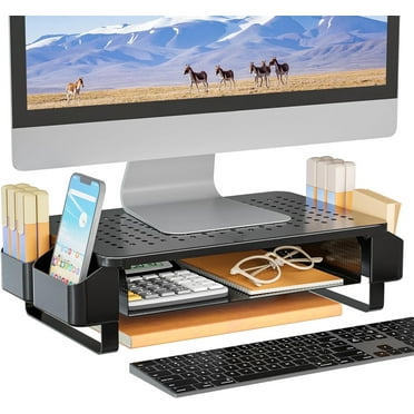 LUFF Monitor Stand Riser with Pullout Storage, Desk Organizer with Ventilation Drawer, Desktop Computer Stand with Pen Holder for Laptop, Computer, iMac, Black