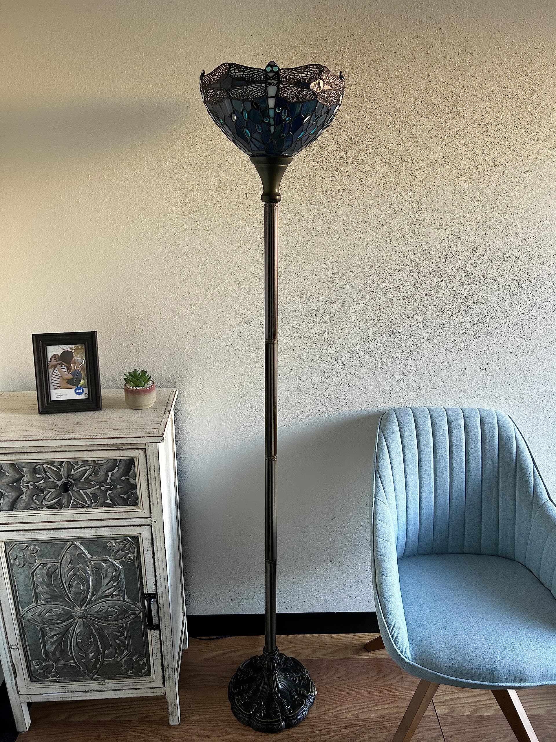 Tiffany Torch Floor Lamp Dragonfly Blue Stained Glass LED Bulb Included For Living Room Bedroom Office Hotel 12"W*12"D*66"H