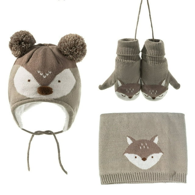 1 Set Children Hat Breathable Windproof Acrylic Fiber Cartoon Printed Baby Scarf Mitten Cap Kit for Outdoor