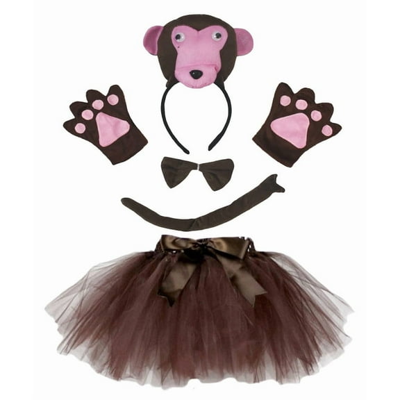 Petitebelle Cutie Monkey Headband Bowtie Tail Gloves Tutu 5pc Costume (Brown, 5-10 Years)