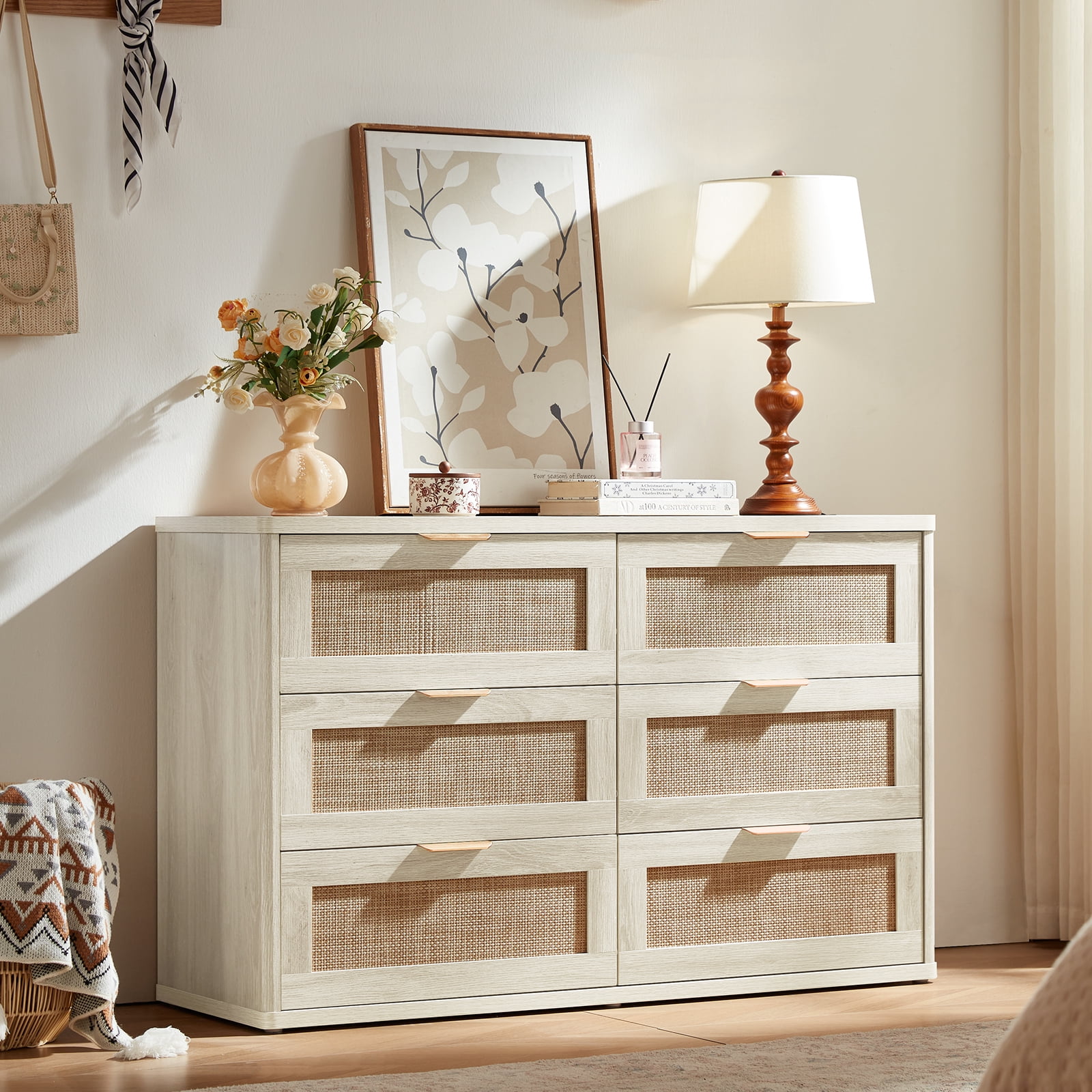 LELELINKY White Dresser,6 Drawer Dresser for bedroom, Boho Wood Storage Cabinet for Living Room