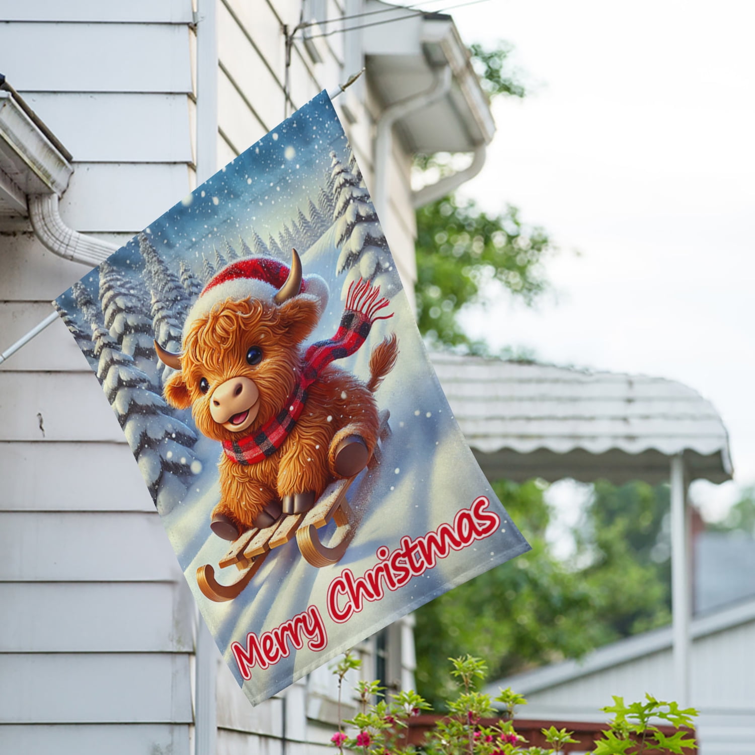 America Forever Highland Cow Sled House Flag, 28 x 40 inch Double Sided, Christmas Heifer Banner, Winter Plaid Scarf Snow Outdoor Decor, Holiday Outside Decorations Yard Flag