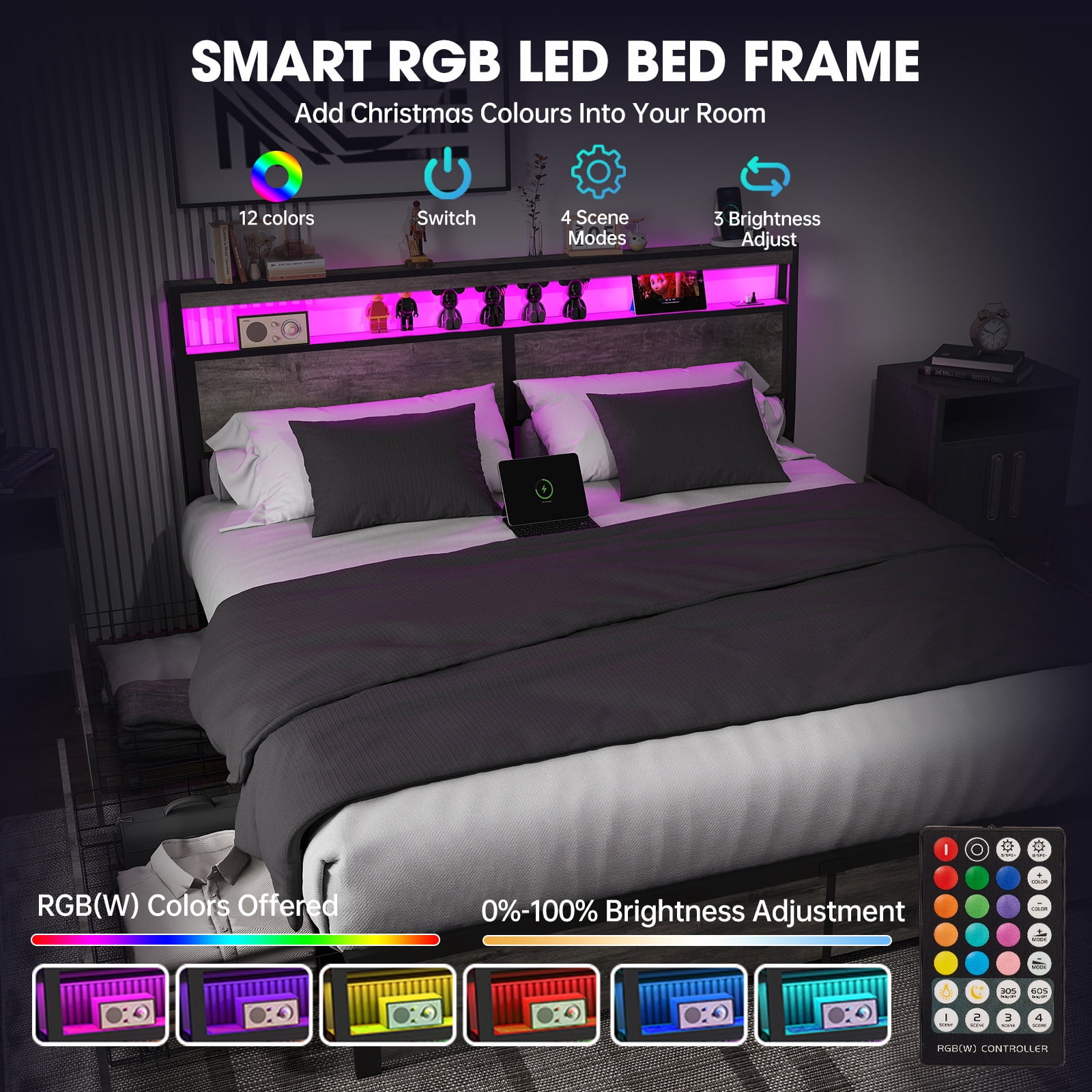 DRNANLIT King Size Bed with Storage Headboard, 4 Drawers, LED Lights, Charging Station, Metal Platform, No Box Spring Needed, Grey