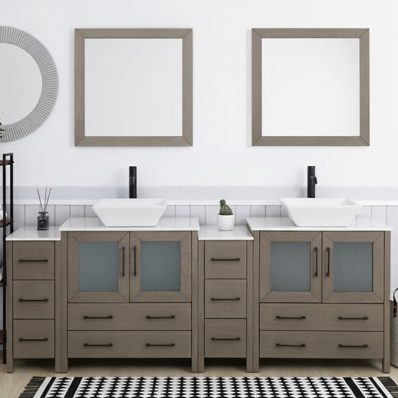 Vanity Art 84" Double Sink Freestanding Bathroom Vanity Set with Engineered Marble Top and Mirror