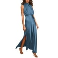 thumbnail image 1 of Prolriy Robes de Cocktail pour Femmes Été Longue Robe Formelle en Satin Col Montant Sans Manches Fente Latérale Robe Maxi Fluide Robes de Bal 2025 Robes pour Femmes Marine TG, 1 of 9