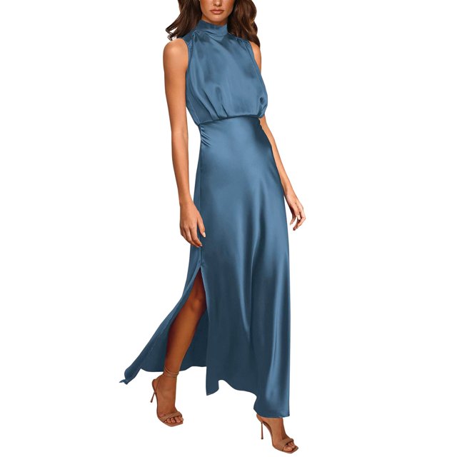 Prolriy Robes de Cocktail pour Femmes Été Longue Robe Formelle en Satin Col Montant Sans Manches Fente Latérale Robe Maxi Fluide Robes de Bal 2025 Robes pour Femmes Marine TG