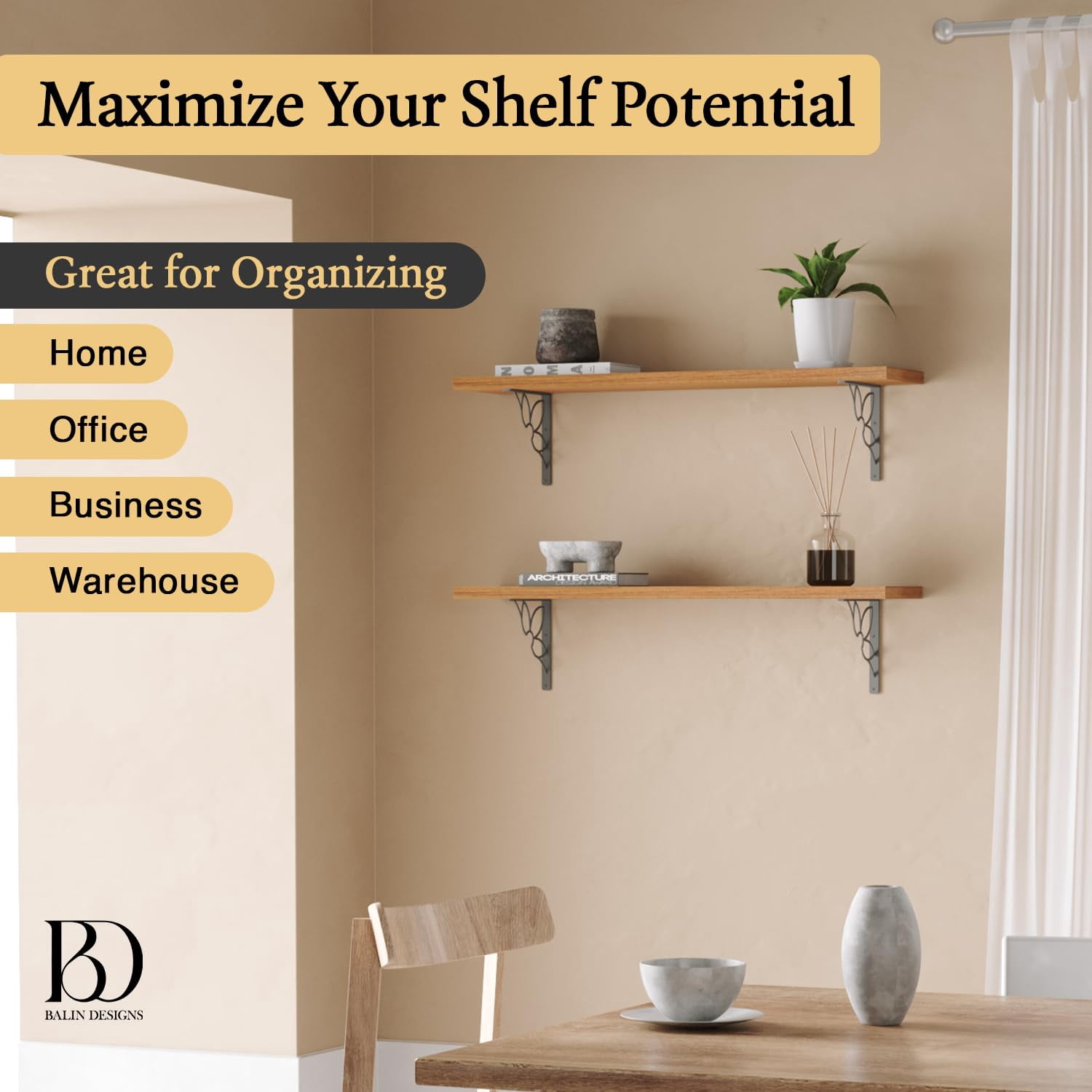 L Brackets by Balin Designs (Black) for 10"-12” Flower Style Shelves – Heavy Duty Decorative Metal Supports - Mantel Shelf - Easy Installation with Included Hardware - Set of 4