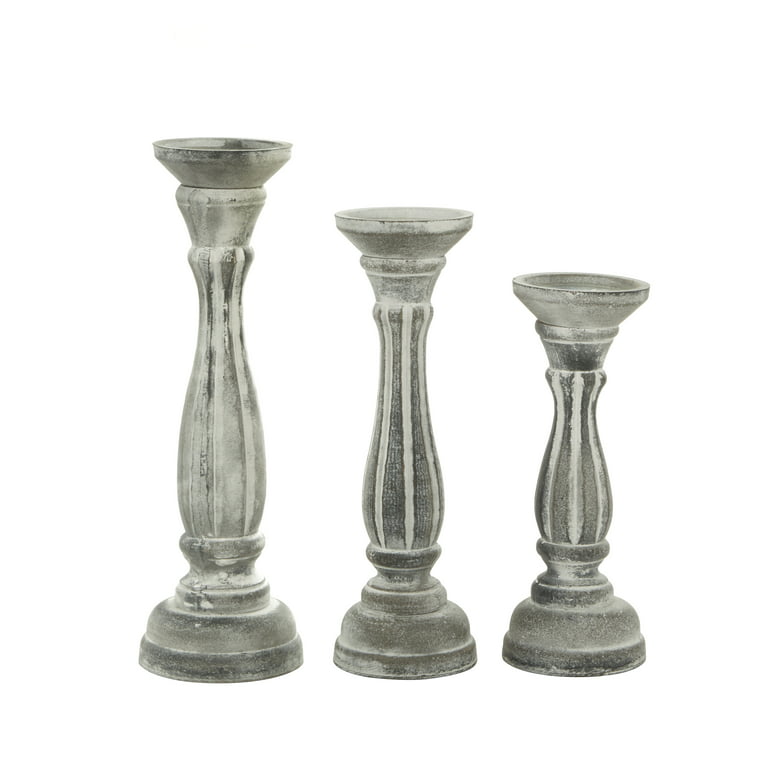 DecMode Traditional Gray Carved Wood Candle Holder with Whitewashed Finish,  Set of 3 15, 13, 11H 