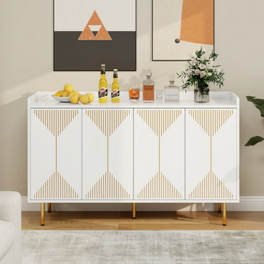 Dextrus Storage Sideboard Cabinet with 4 Doors Modern Kitchen Buffet Cabinet, Coffee Bar Cabinet, Television Tables Entryway Cupboard Furniture with Gold Metal Legs