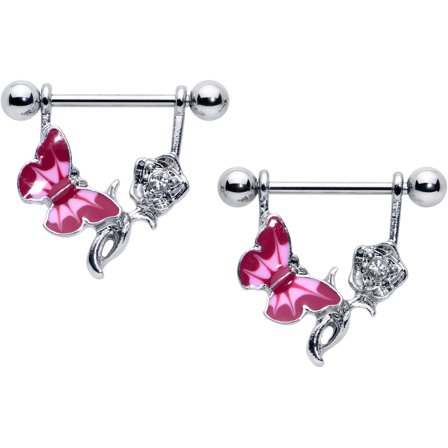 Body Candy 14G Womens Nipplerings Piercing Stainless Steel 2Pc Butterfly Pink Rose Flower Nipple Ring Set 9/16"